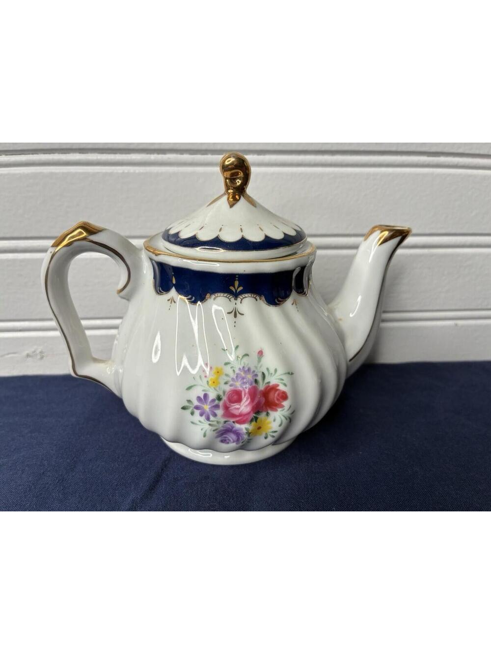 Miniature Vintage Porcelain Teapot - Floral with Navy Blue and Gold Trim